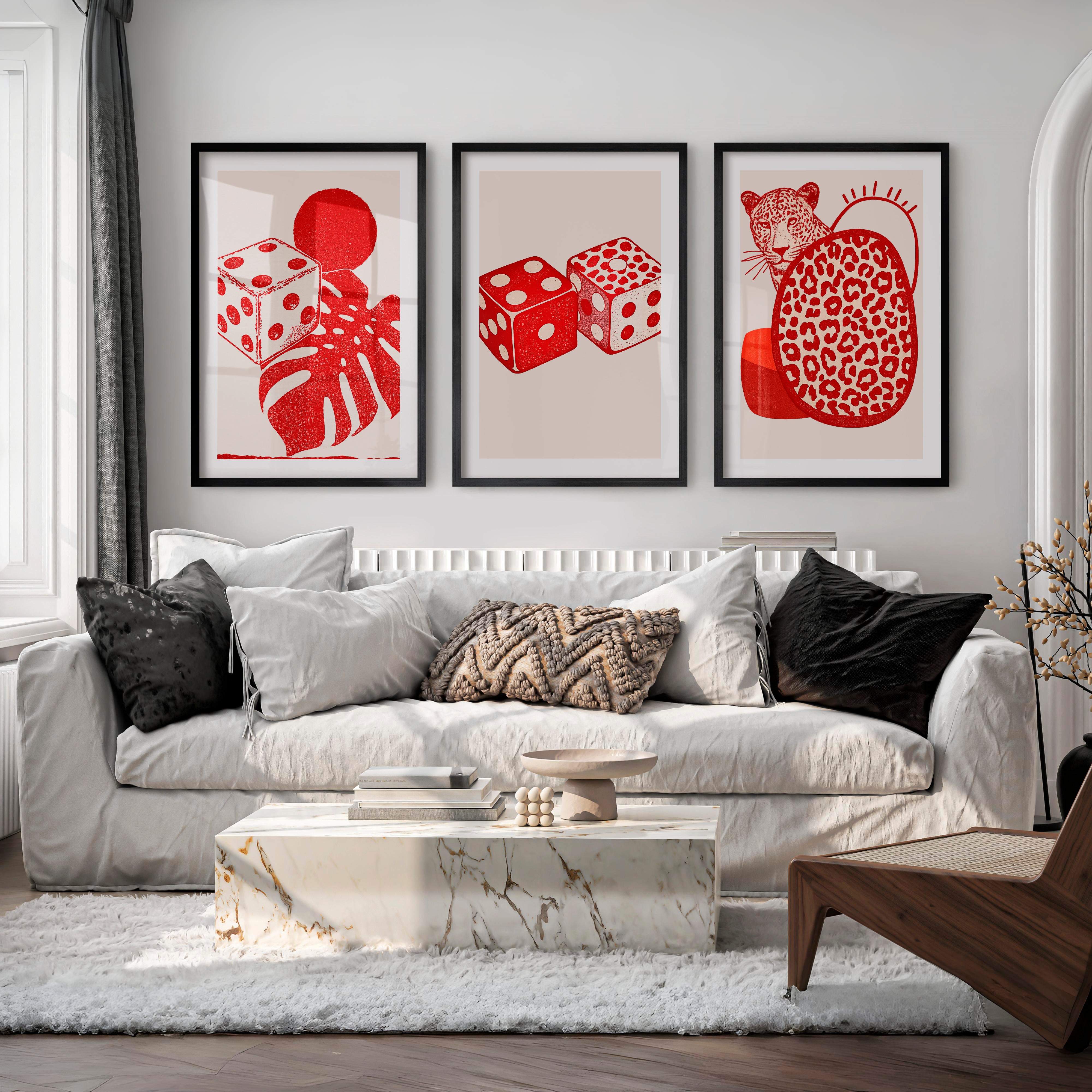 Dice and Leopard Retro Style Wall Art - Black Framed Poster with White Border - Artworksets