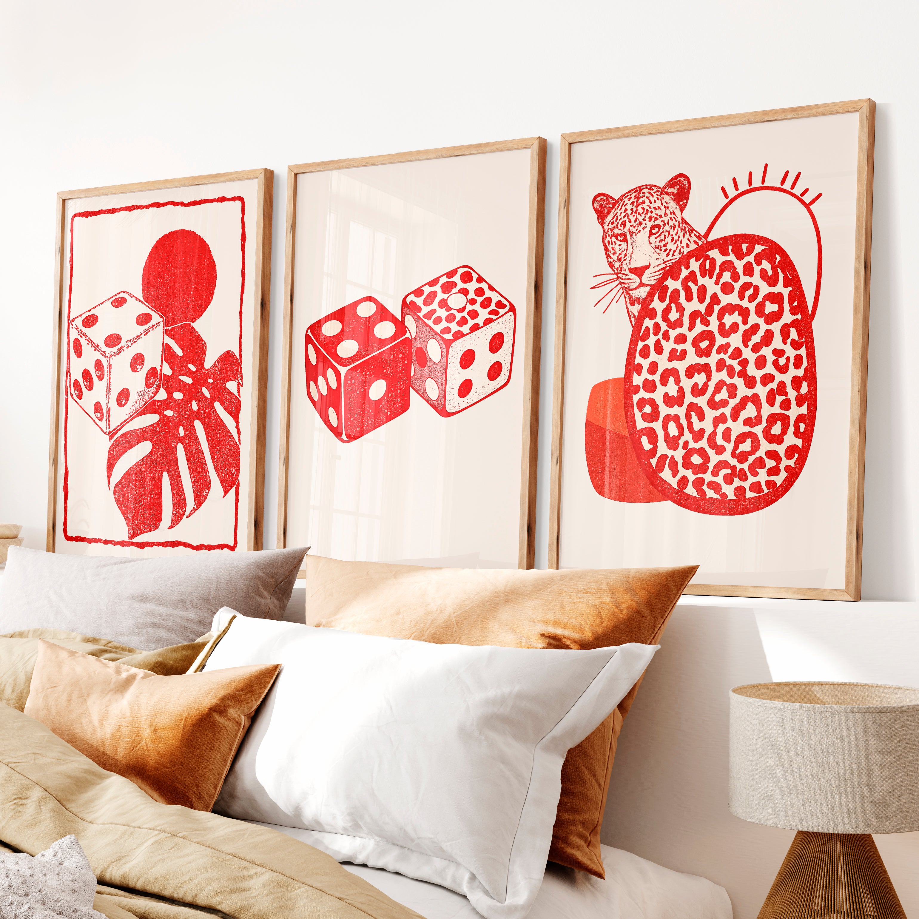 Dice and Leopard Retro Style Wall Art - Natural Wood Framed Poster No Border - Artworksets