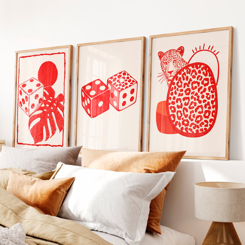 Dice and Leopard Retro Style Wall Art - Natural Wood Framed Poster No Border - Artworksets