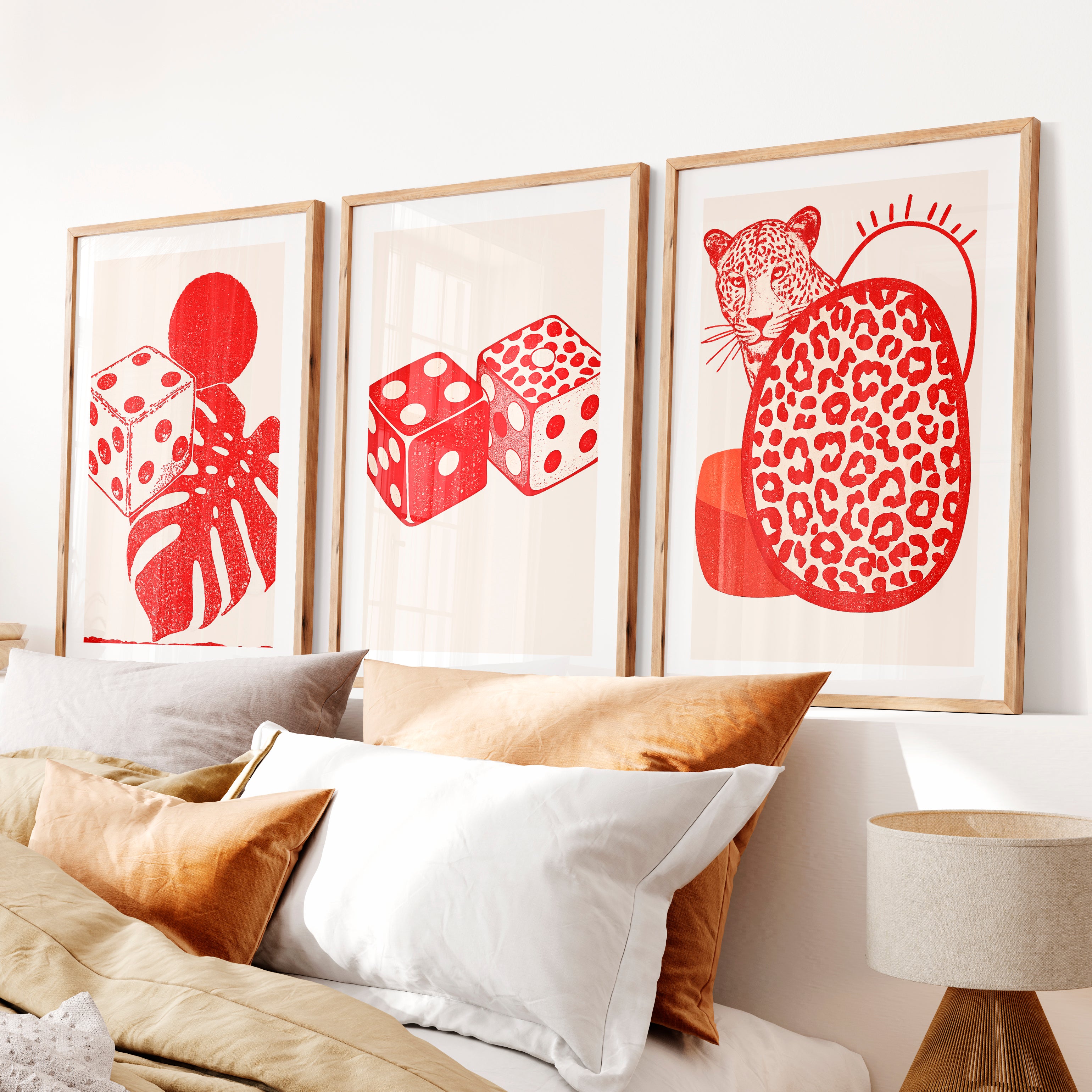 Dice and Leopard Retro Style Wall Art- Natural Wood Framed Poster with White Border - Artworksets
