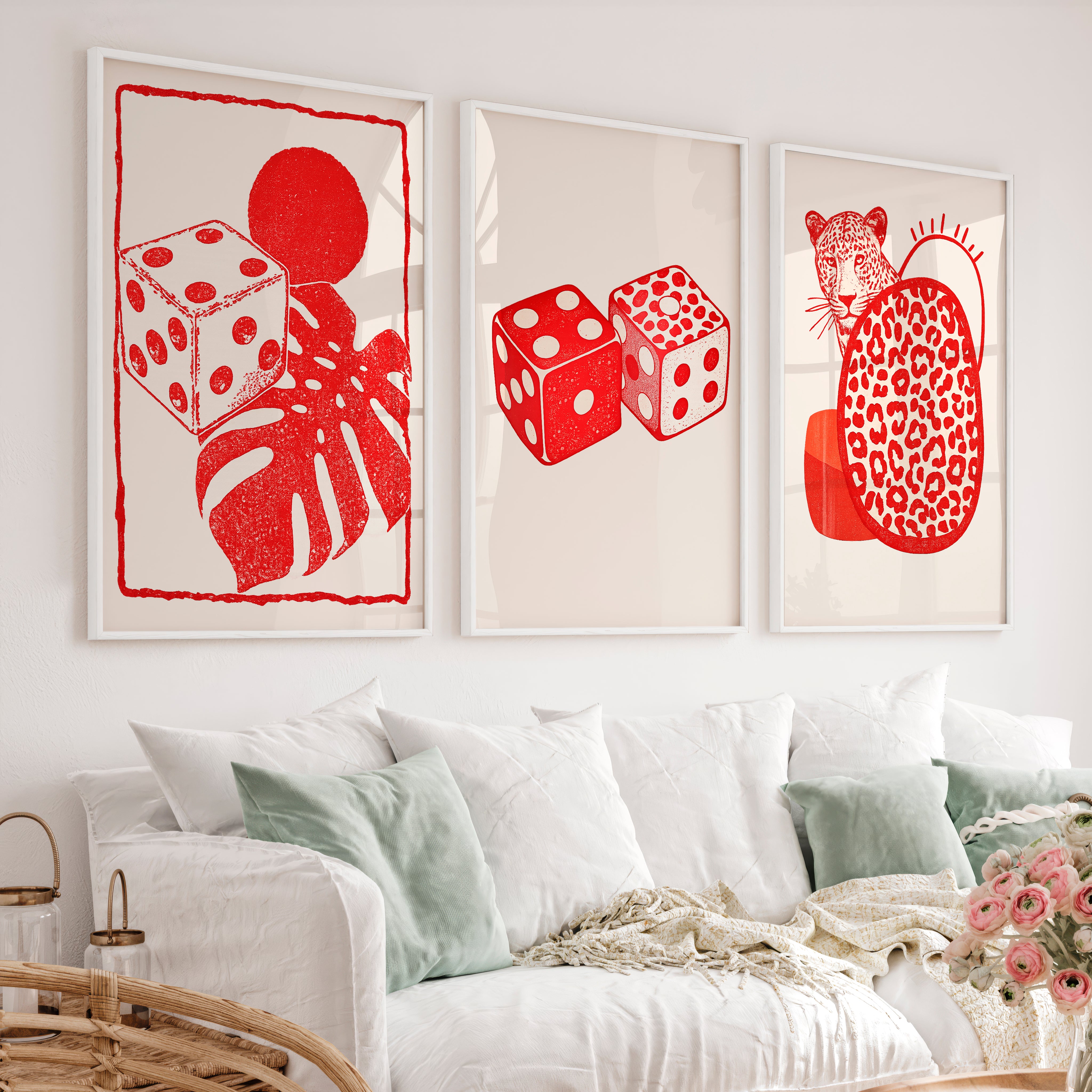 Dice and Leopard Retro Style Wall Art - White Framed Poster No Border - Artworksets