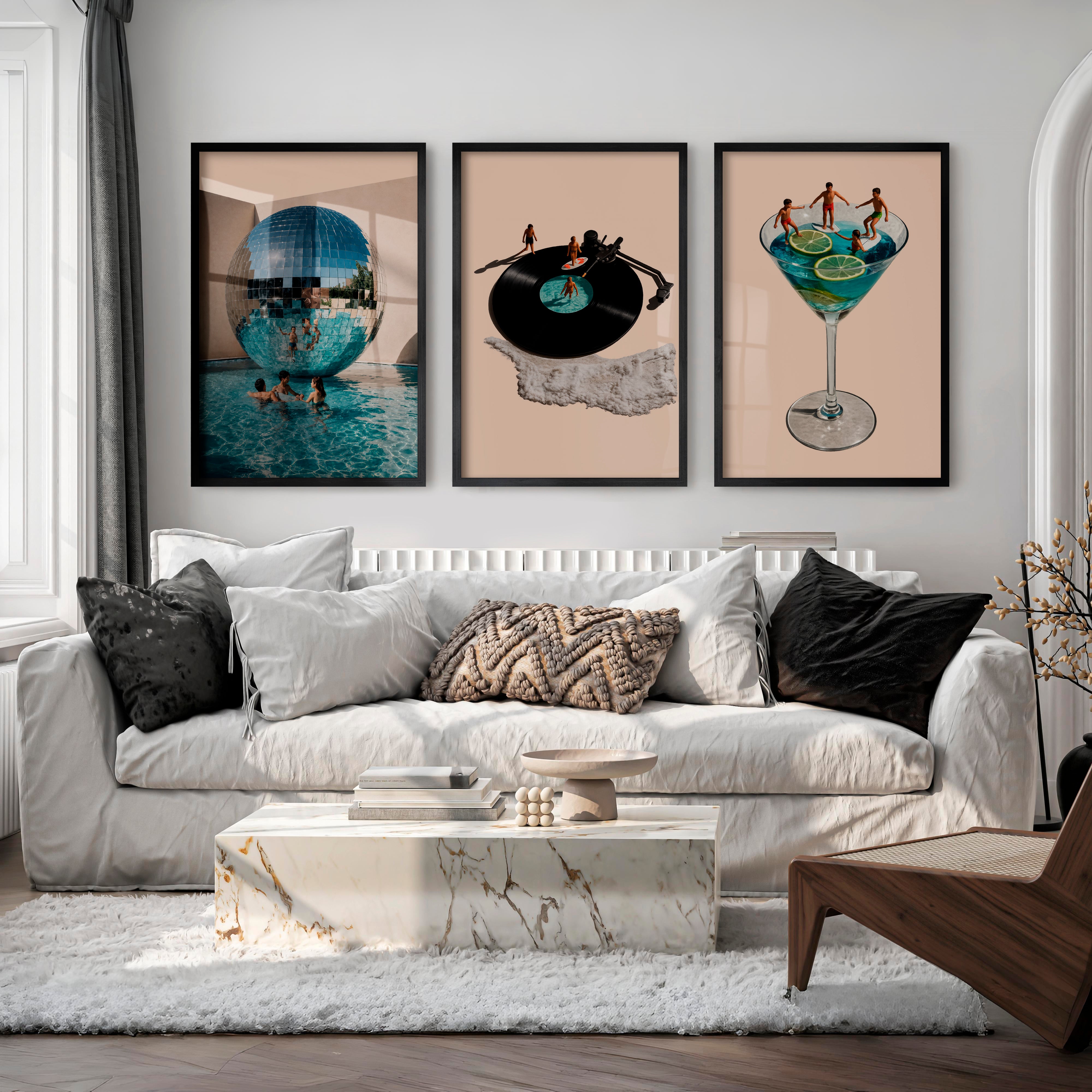 Poolside Disco Collage Retro Style Wall Art - Black Framed Poster No Border - Artworksets
