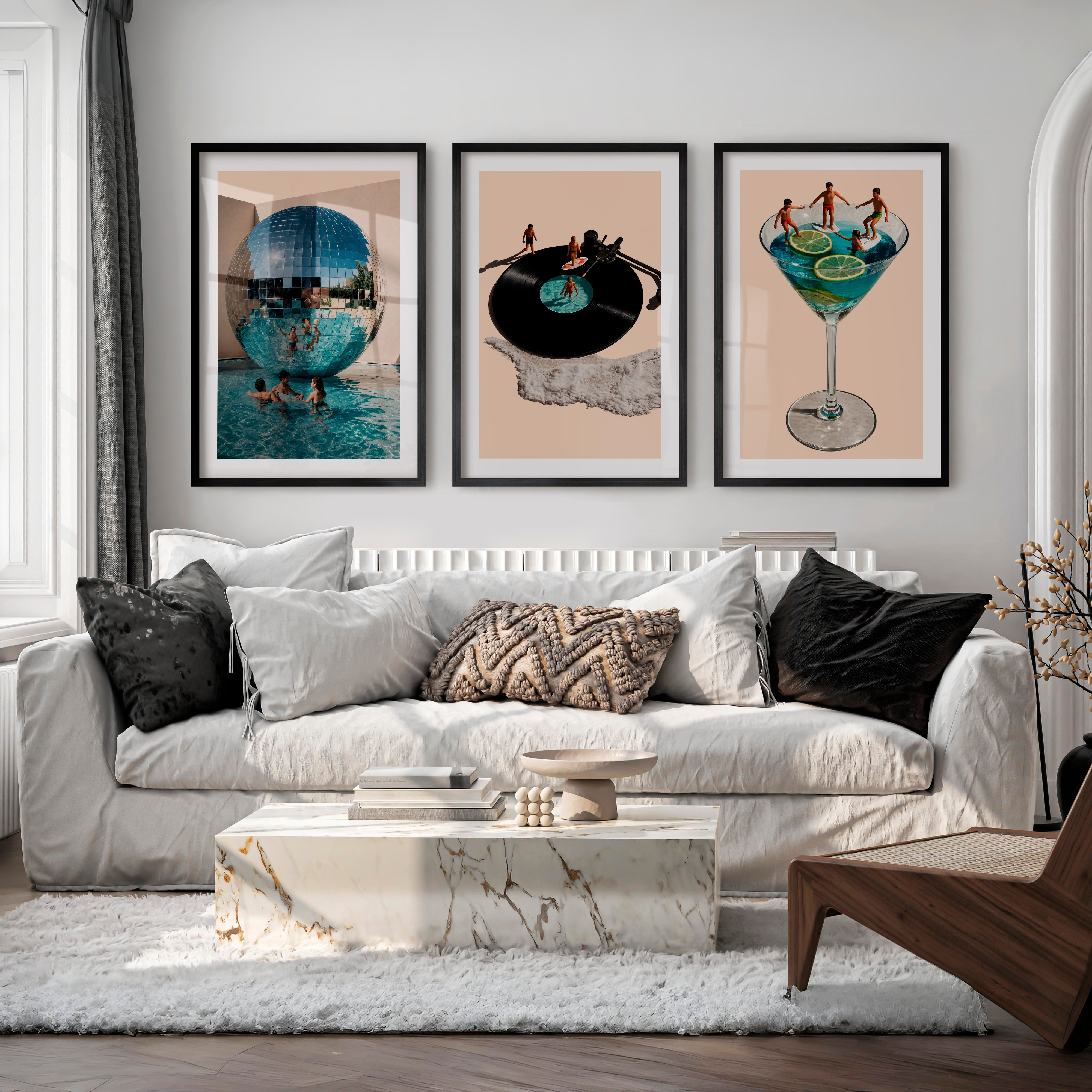 Poolside Disco Collage Retro Style Wall Art - Black Framed Poster with White Border - Artworksets