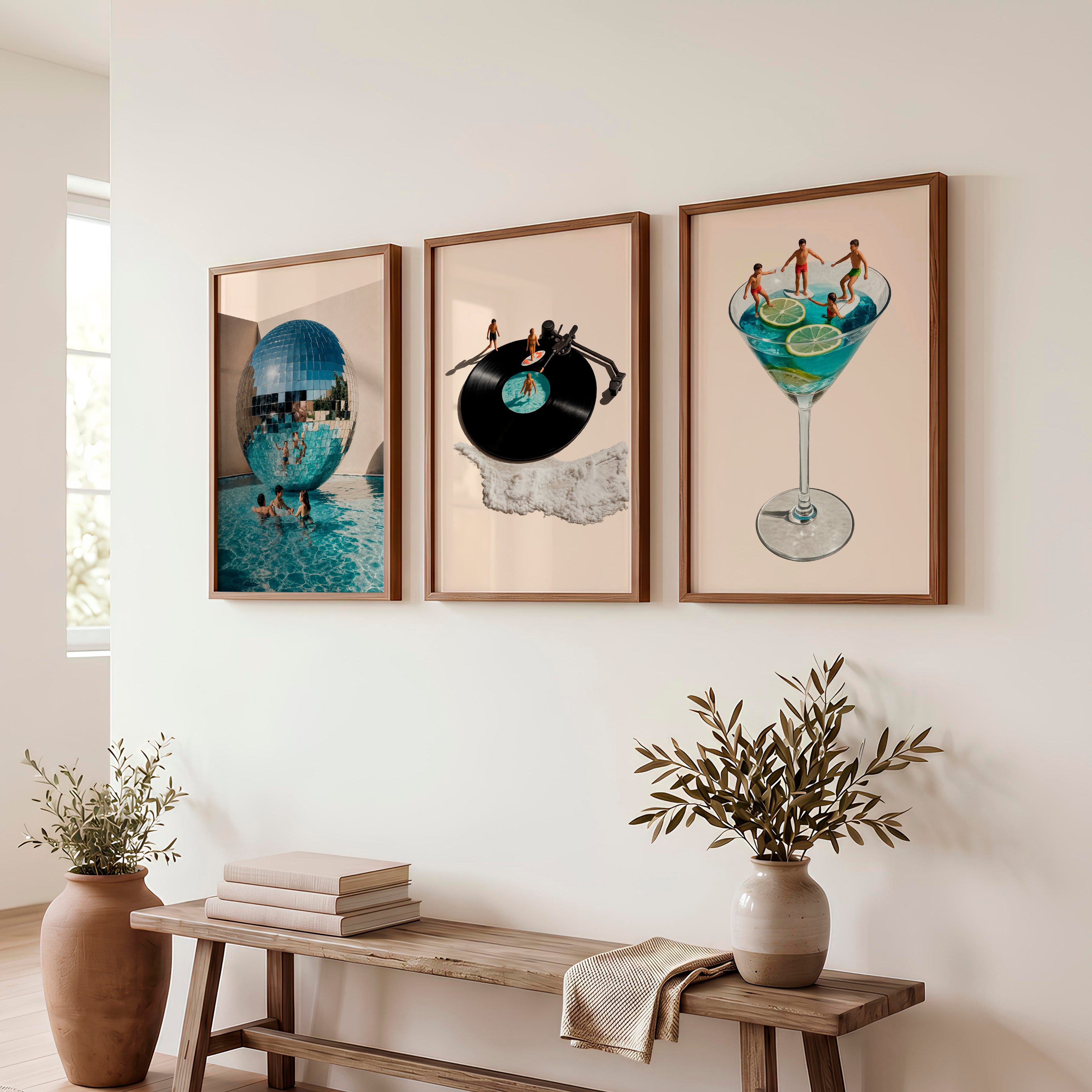 Poolside Disco Collage Retro Style Wall Art - Dark Brown Framed Poster No Border - Artworksets