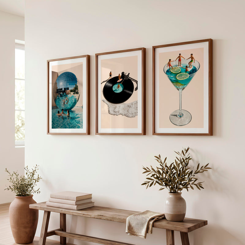 Poolside Disco Collage Retro Style Wall Art - Dark Brown Framed Poster with White Border - Artworksets