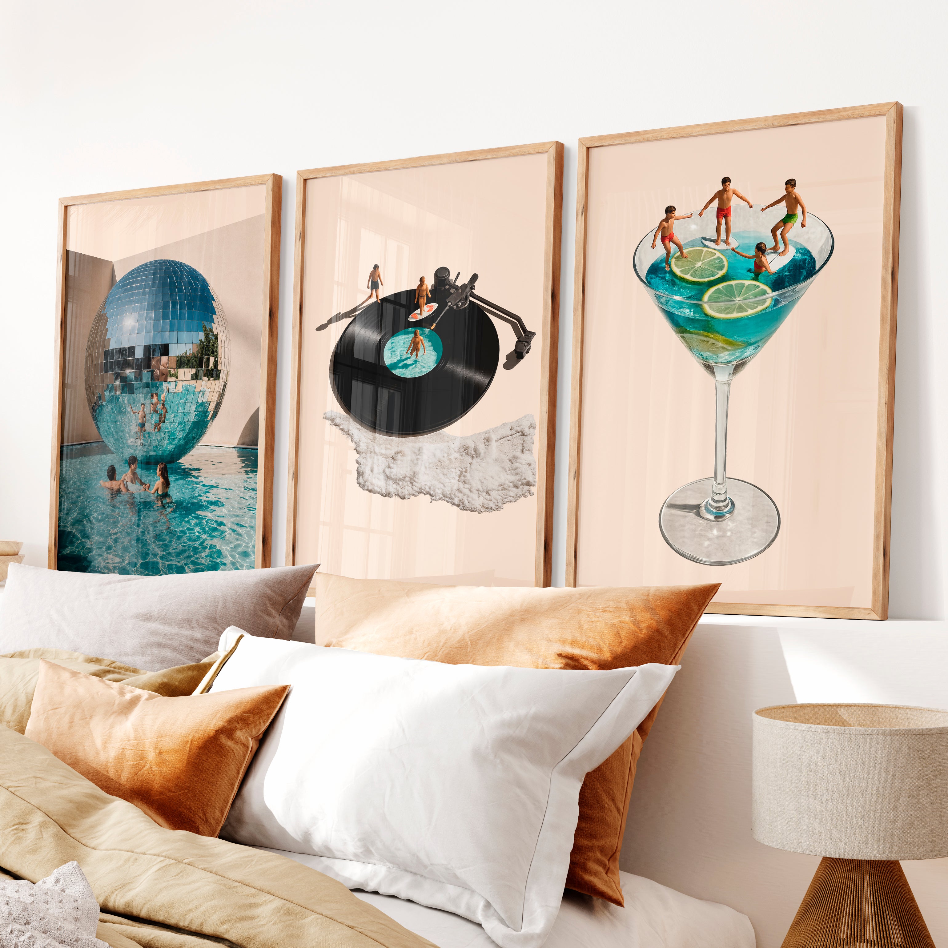 Poolside Disco Collage Retro Style Wall Art - Natural Wood Framed Poster No Border - Artworksets
