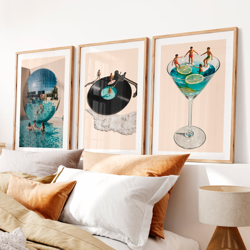 Poolside Disco Collage Retro Style Wall Art- Natural Wood Framed Poster with White Border - Artworksets