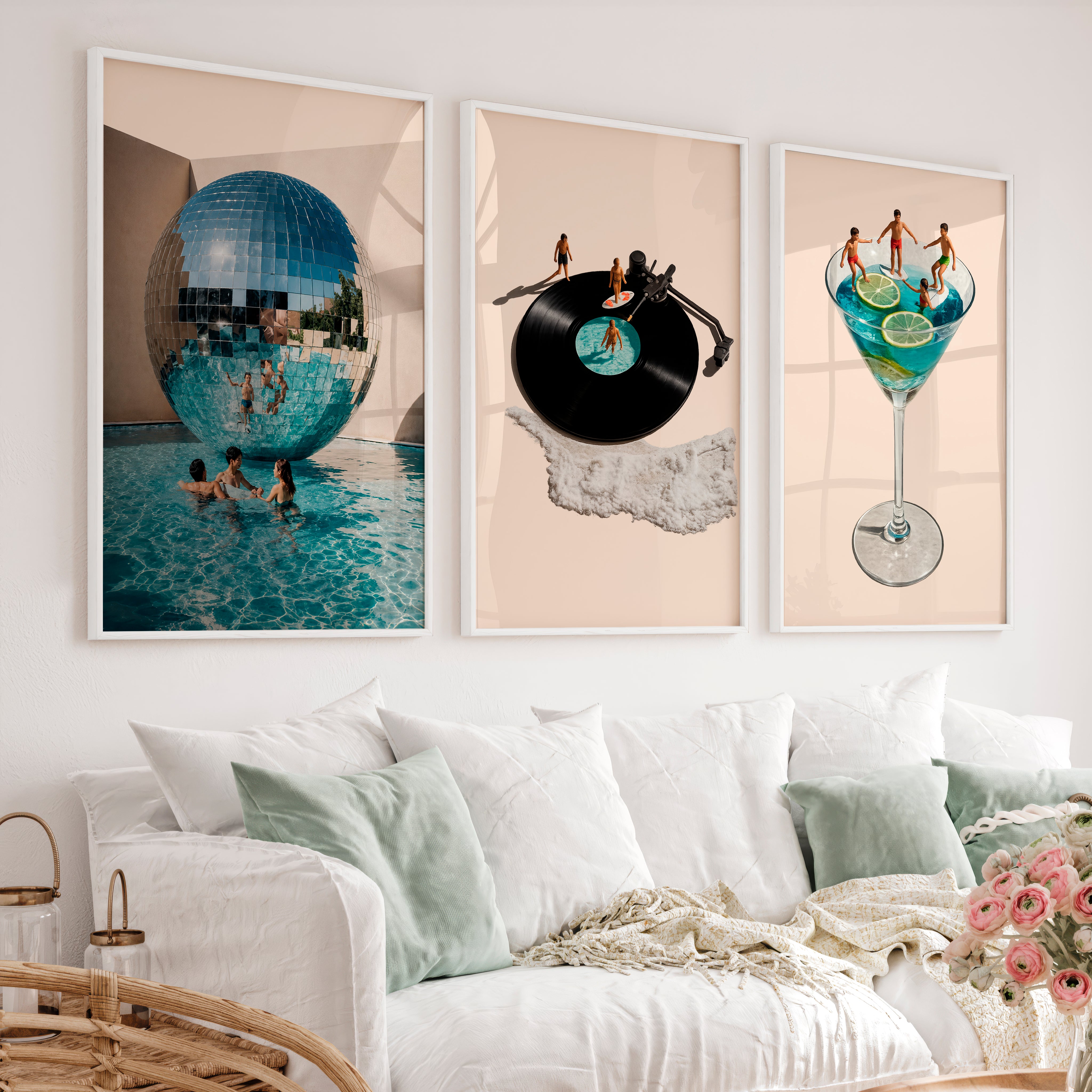 Poolside Disco Collage Retro Style Wall Art - White Framed Poster No Border - Artworksets