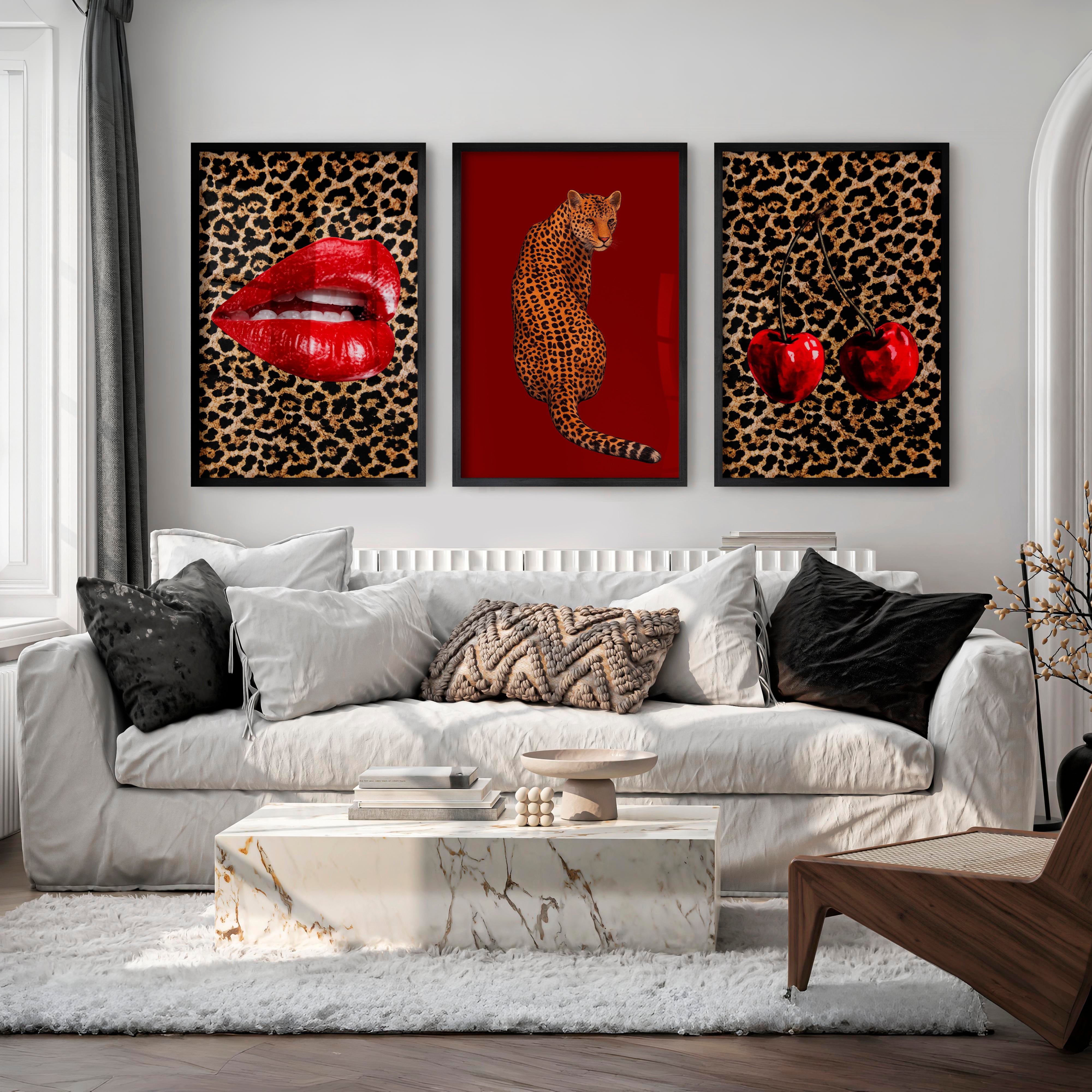 Leopard Cherry retro style wall art - Black Framed Poster No Border - Artworksets