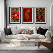 Leopard Cherry retro style wall art - Black Framed Poster with White Border - Artworksets