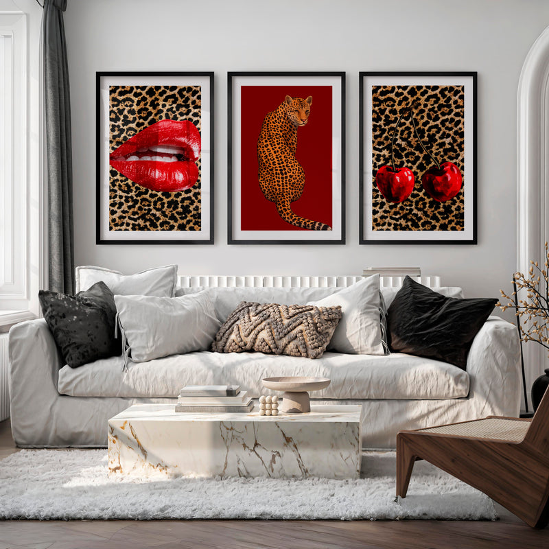 Leopard Cherry retro style wall art - Black Framed Poster with White Border - Artworksets