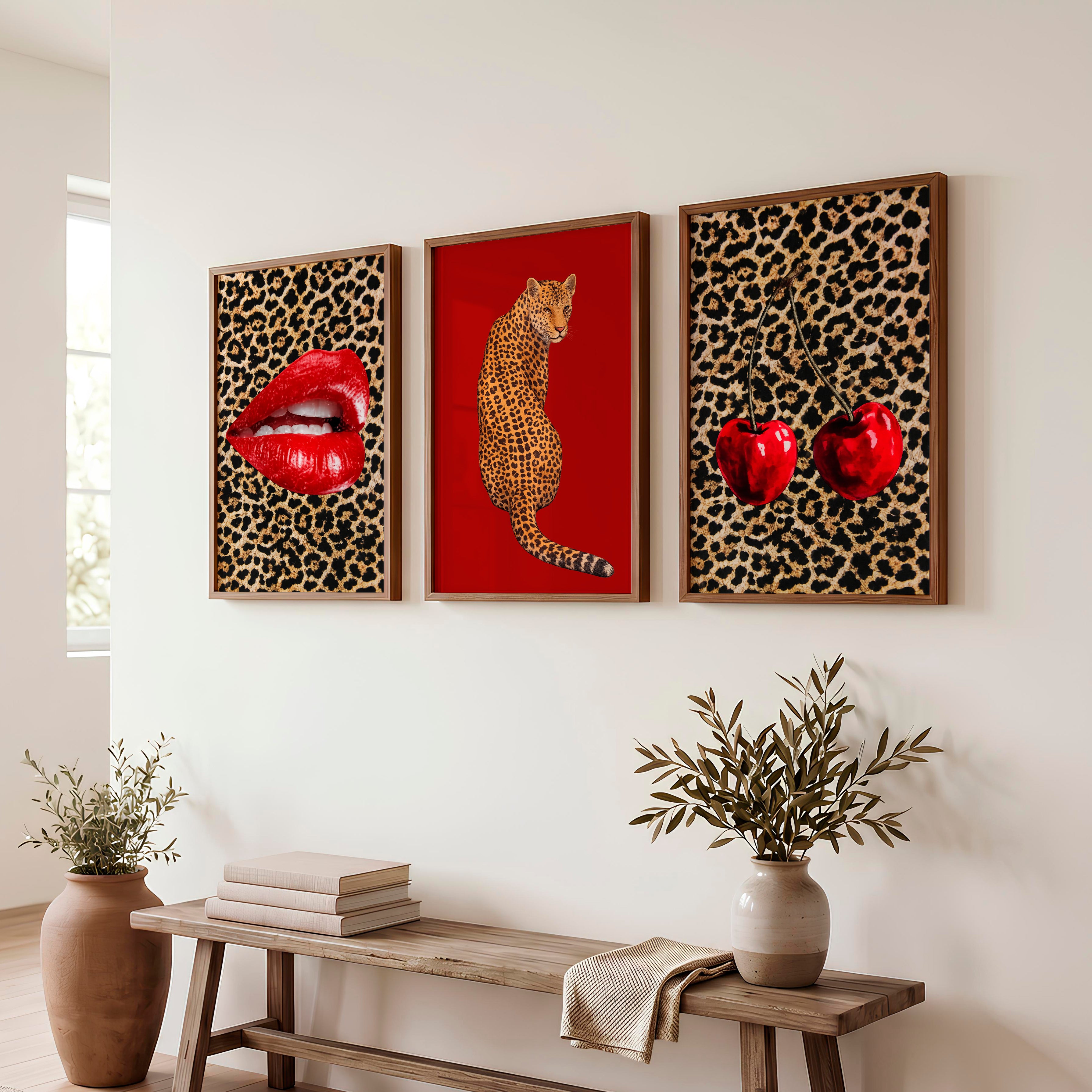 Leopard Cherry retro style wall art - Dark Brown Framed Poster No Border - Artworksets