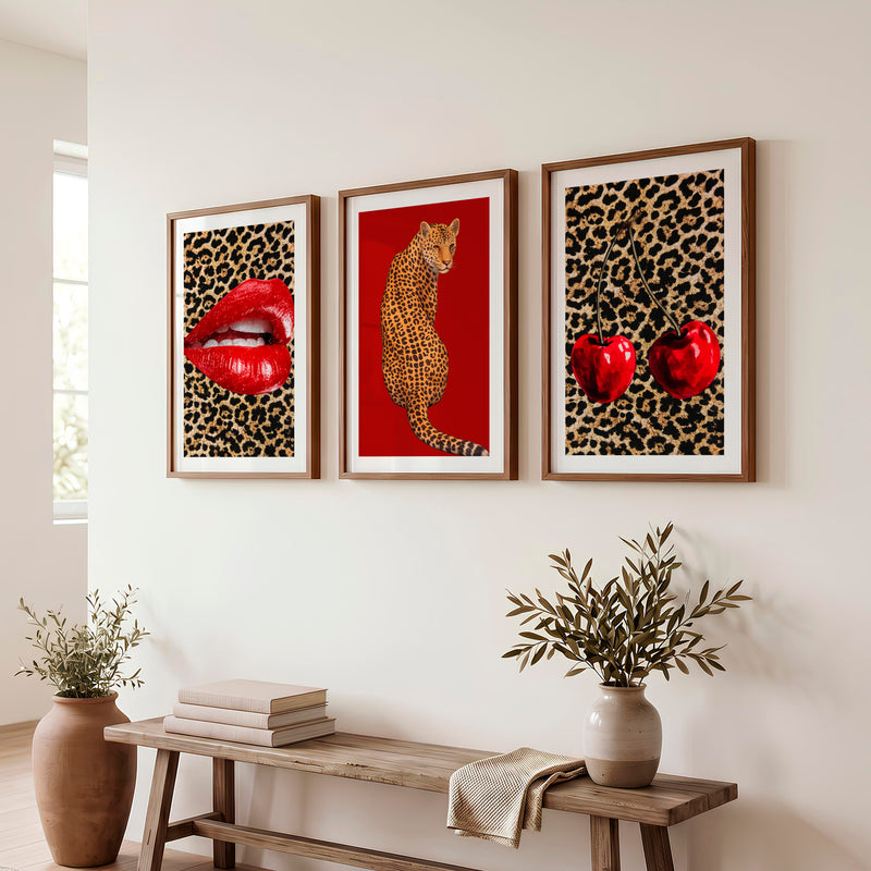 Leopard Cherry retro style wall art - Dark Brown Framed Poster with White Border - Artworksets