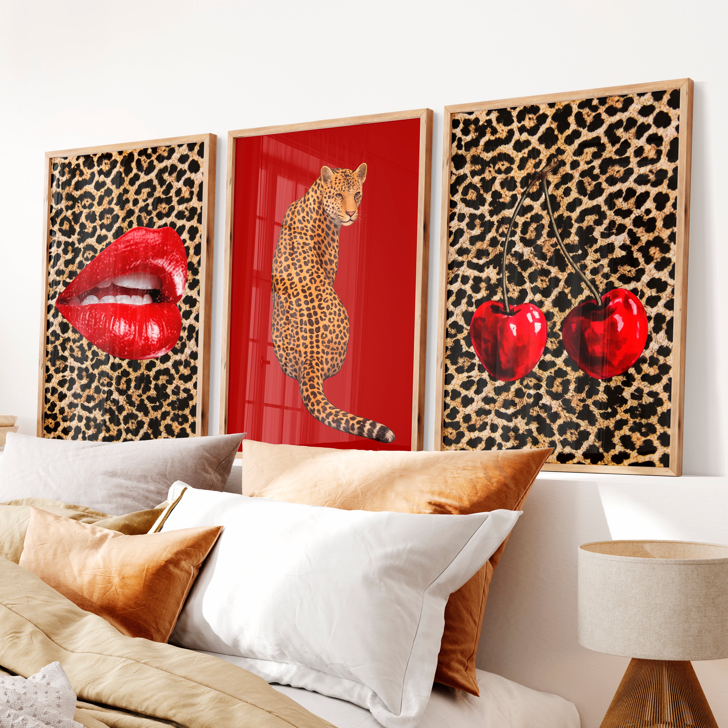 Leopard Cherry retro style wall art - Natural Wood Framed Poster No Border - Artworksets