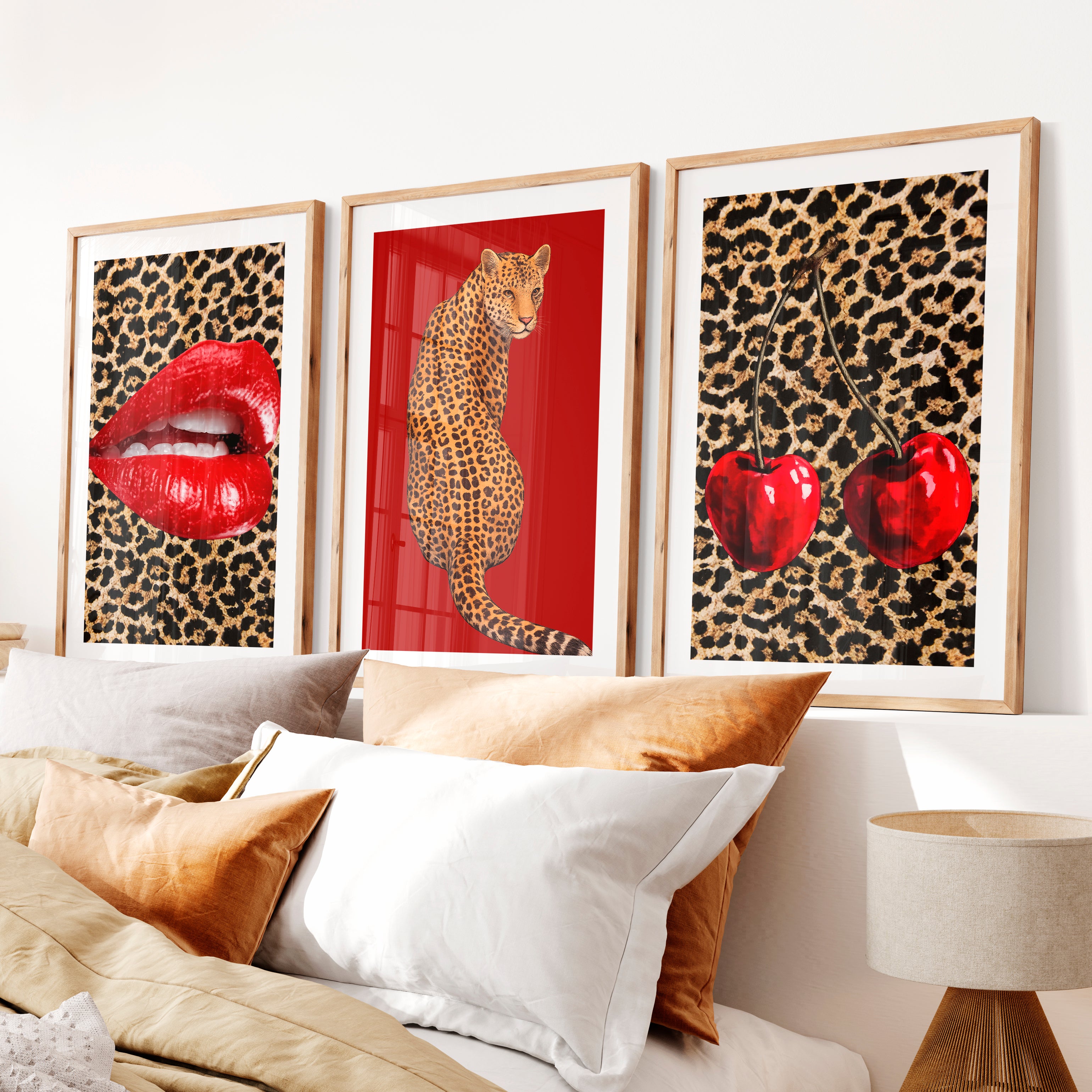 Leopard Cherry retro style wall art- Natural Wood Framed Poster with White Border - Artworksets