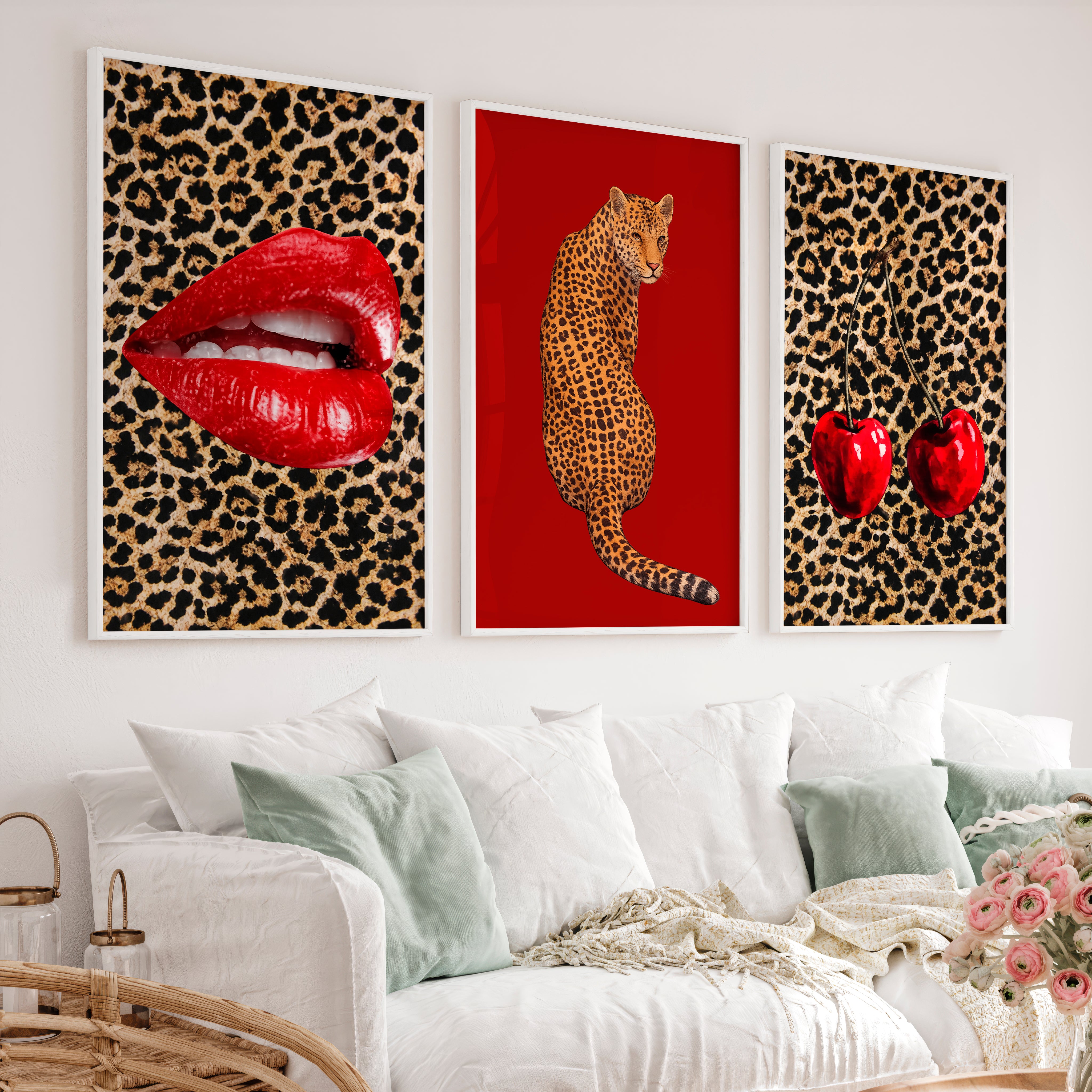 Leopard Cherry retro style wall art - White Framed Poster No Border - Artworksets