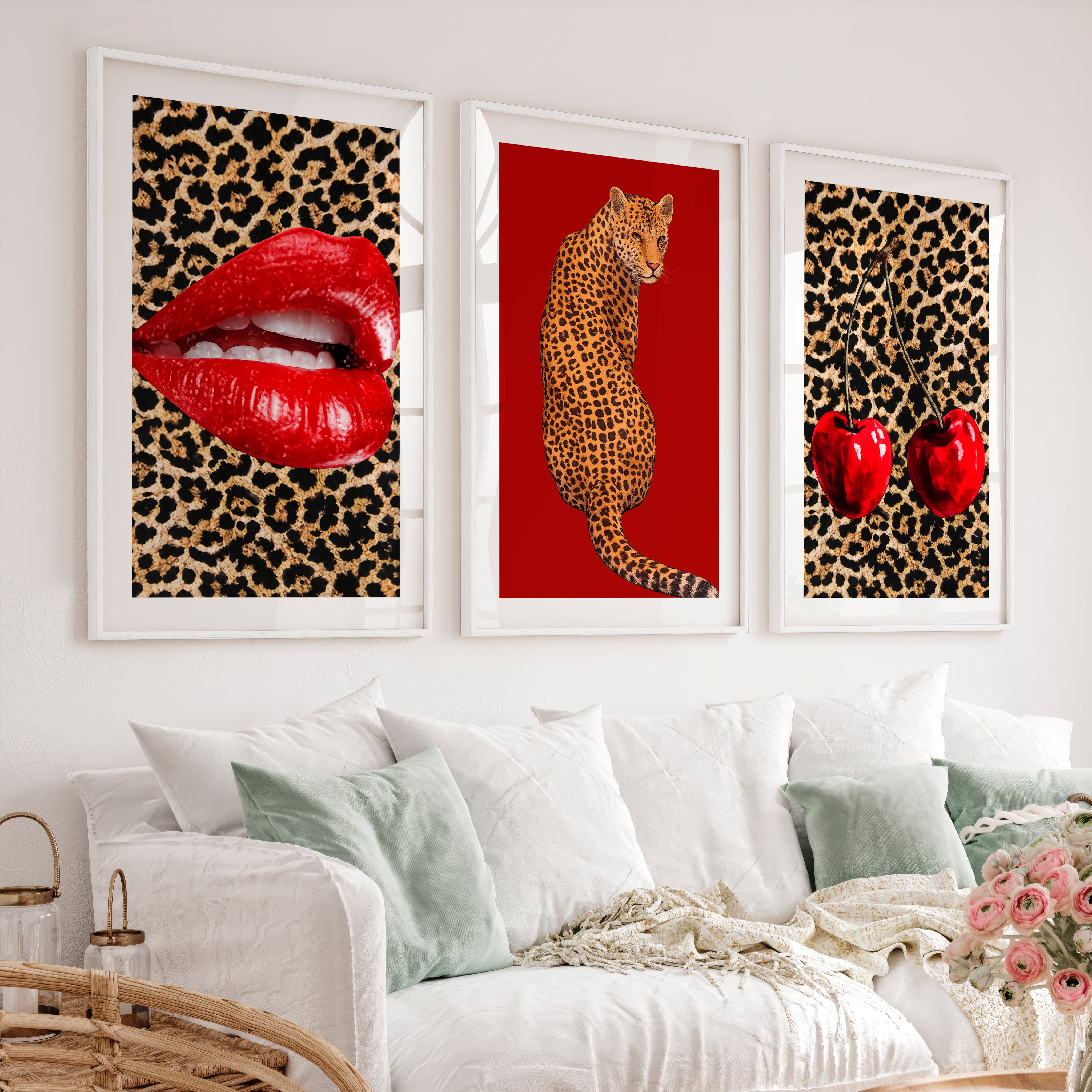 Leopard Cherry retro style wall art - White Framed Poster with White Border - Artworksets
