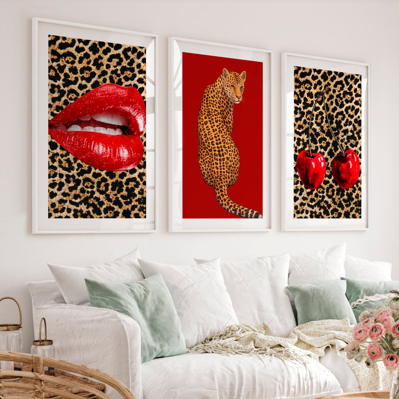 Leopard Cherry retro style wall art - White Framed Poster with White Border - Artworksets