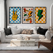 Retro Style Wall Art Featuring Peace Sign and Lightning Bolts - Black Framed Poster No Border - Artworksets