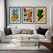 Retro Style Wall Art Featuring Peace Sign and Lightning Bolts - Black Framed Poster with White Border - Artworksets