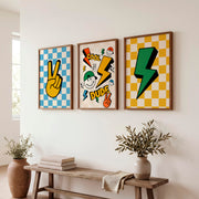Retro Style Wall Art Featuring Peace Sign and Lightning Bolts - Dark Brown Framed Poster No Border - Artworksets