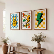 Retro Style Wall Art Featuring Peace Sign and Lightning Bolts - Dark Brown Framed Poster with White Border - Artworksets