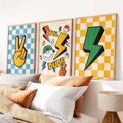 Retro Style Wall Art Featuring Peace Sign and Lightning Bolts - Natural Wood Framed Poster No Border - Artworksets