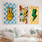 Retro Style Wall Art Featuring Peace Sign and Lightning Bolts - White Framed Poster No Border - Artworksets
