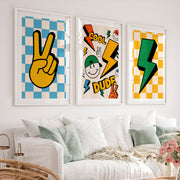 Retro Style Wall Art Featuring Peace Sign and Lightning Bolts - White Framed Poster with White Border - Artworksets