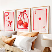 Retro Vintage Artwork with Cherry Playing Cards- Natural Wood Framed Poster with White Border - Artworksets