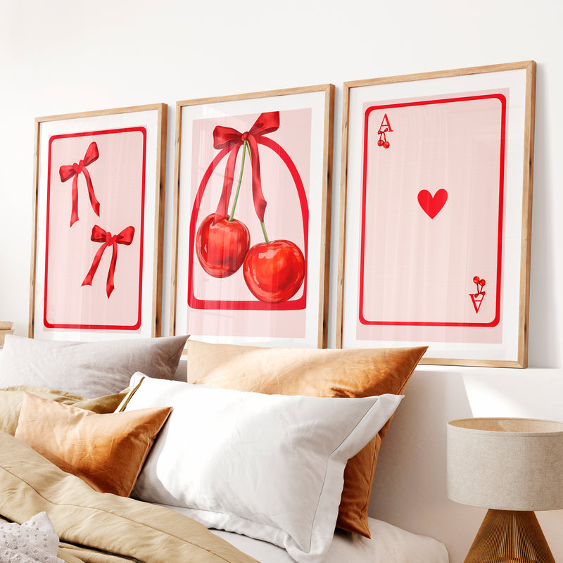 Retro Vintage Artwork with Cherry Playing Cards- Natural Wood Framed Poster with White Border - Artworksets