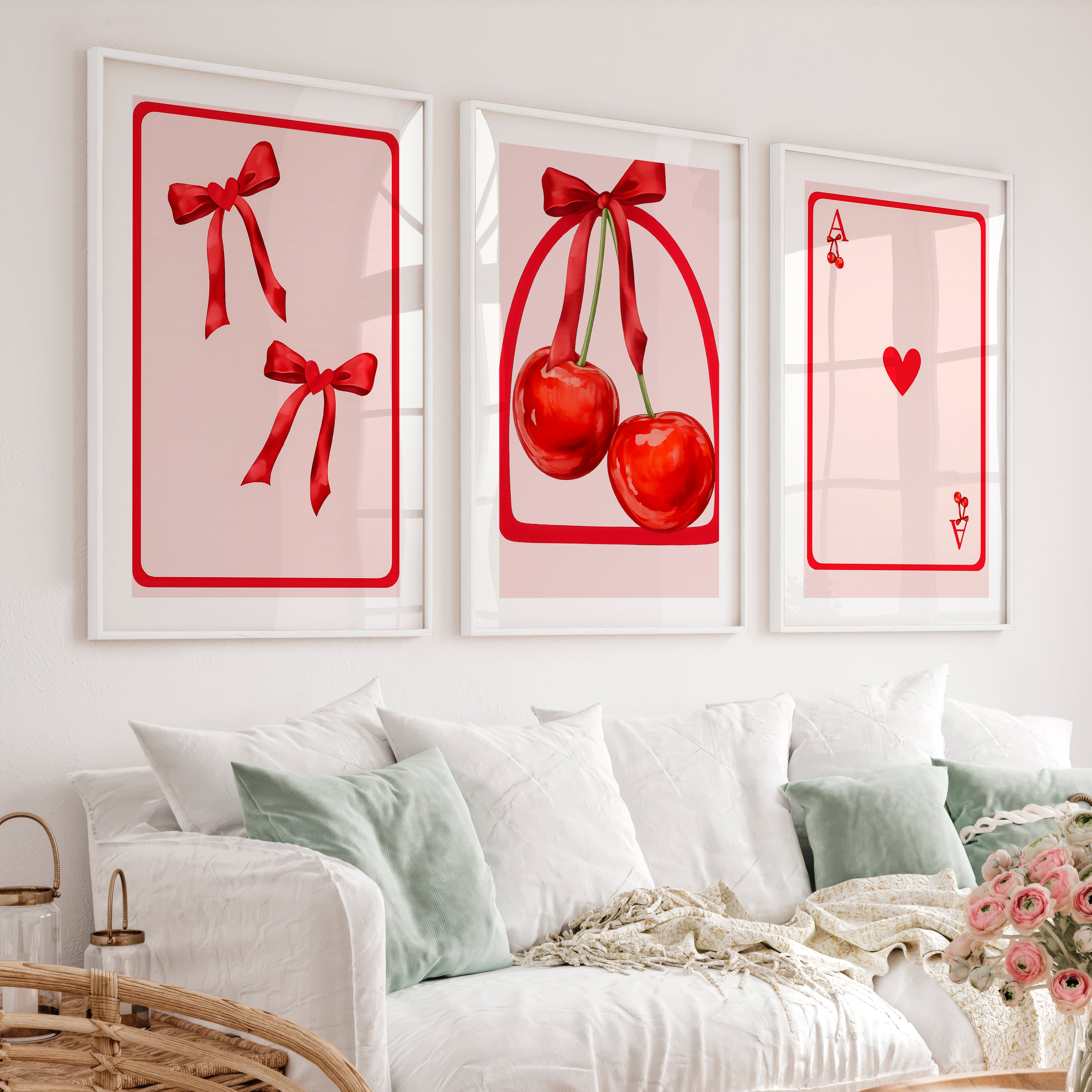 Retro Vintage Artwork with Cherry Playing Cards - White Framed Poster with White Border - Artworksets