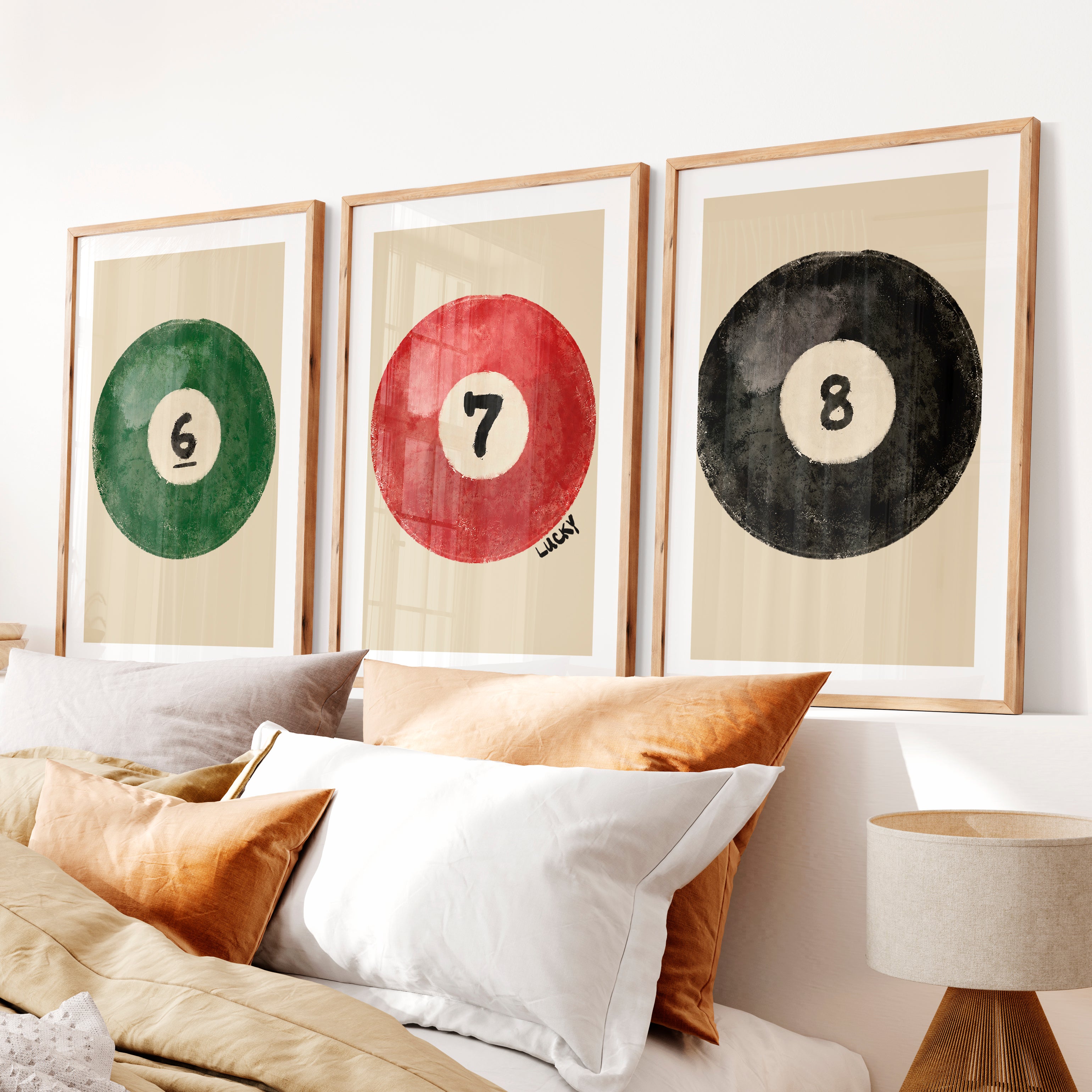 Lucky Billiard Balls retro vintage artwork- Natural Wood Framed Poster with White Border - Artworksets