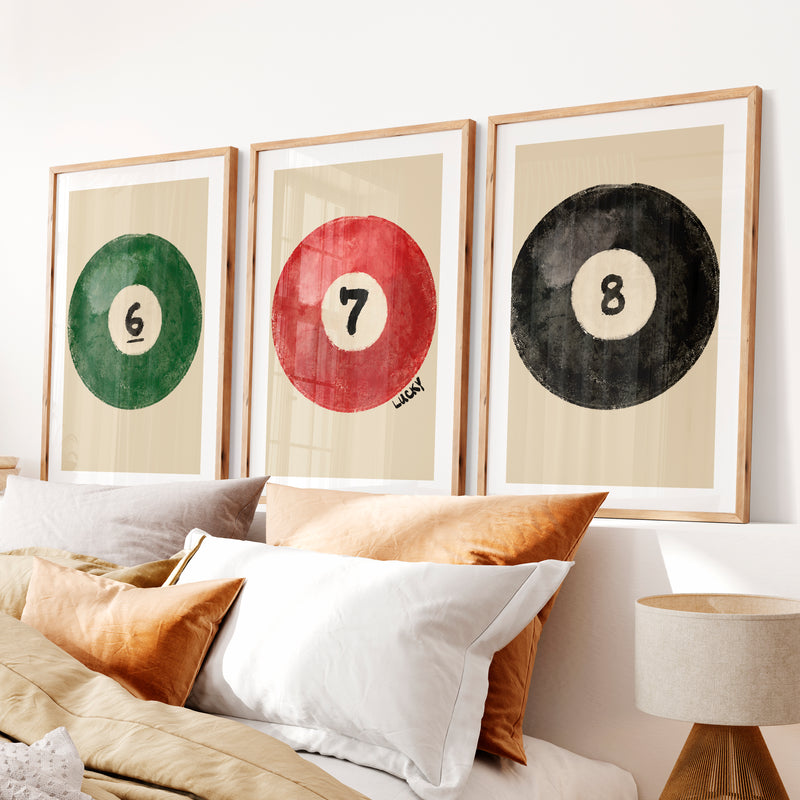 Lucky Billiard Balls retro vintage artwork- Natural Wood Framed Poster with White Border - Artworksets