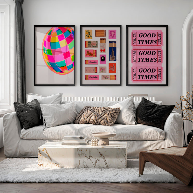 Good Times Disco Ball Print for retro vintage interior design - Black Framed Poster No Border - Artworksets
