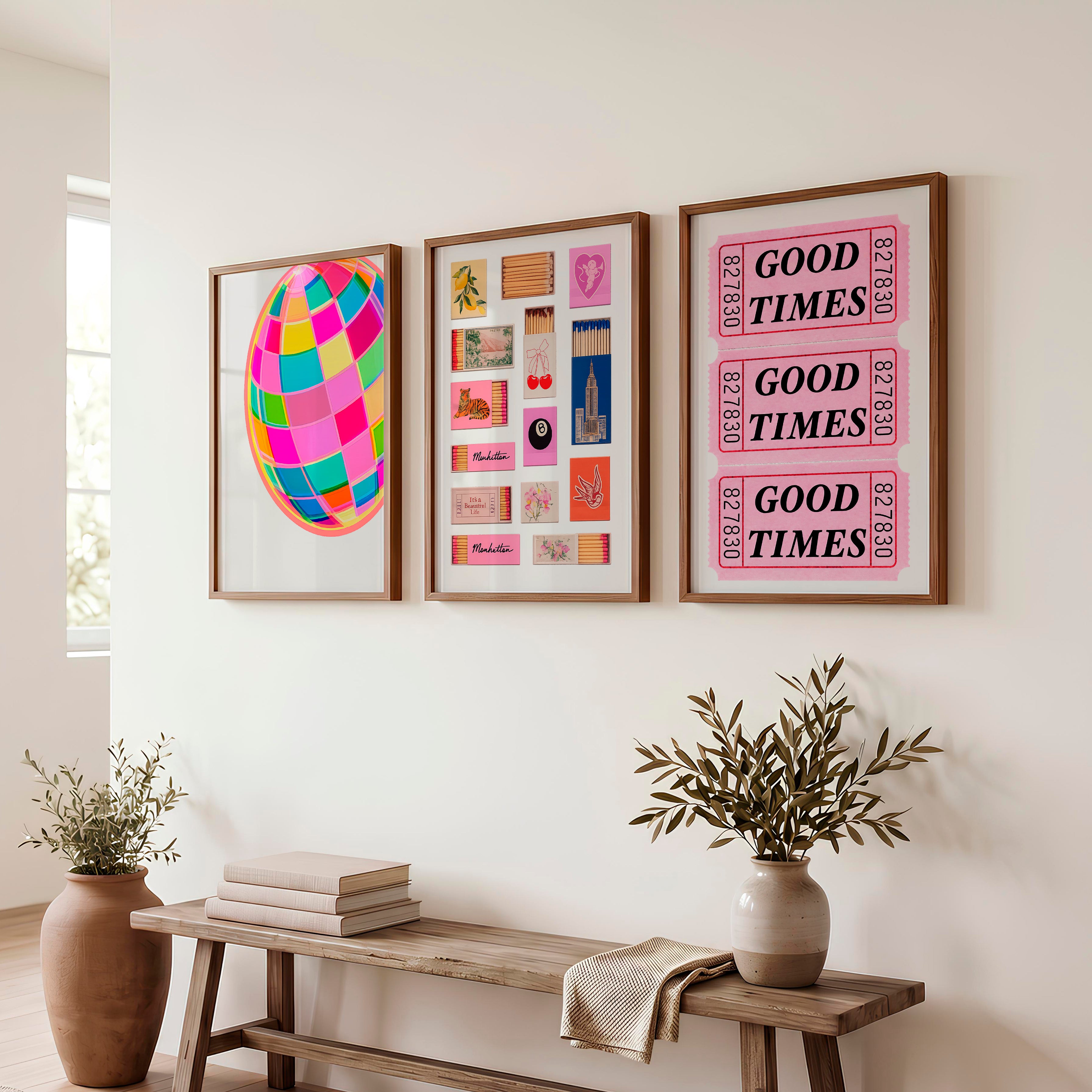 Good Times Disco Ball Print for retro vintage interior design - Dark Brown Framed Poster No Border - Artworksets