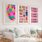 Good Times Disco Ball Print for retro vintage interior design - White Framed Poster with White Border - Artworksets