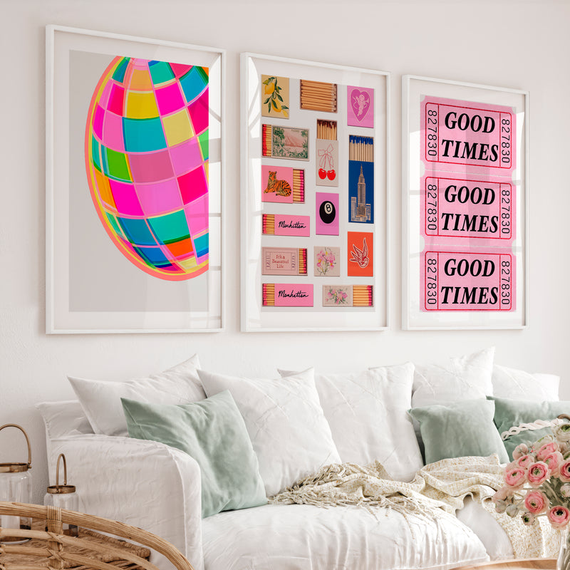 Good Times Disco Ball Print for retro vintage interior design - White Framed Poster with White Border - Artworksets