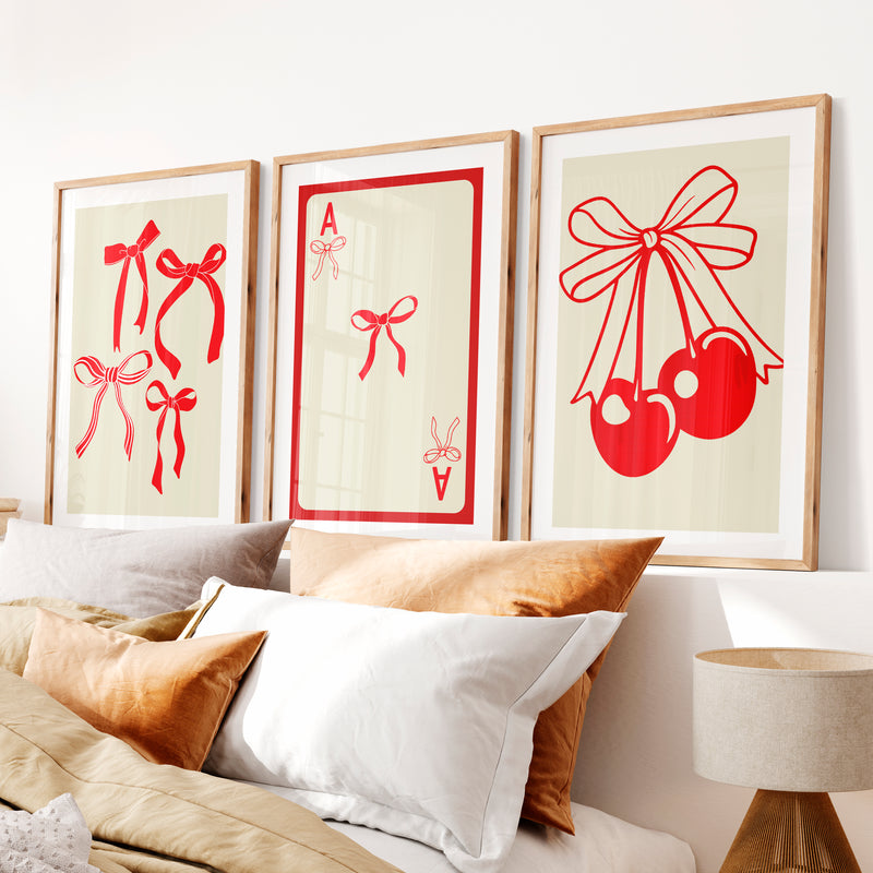 Bow and Cherry retro vintage posters- Natural Wood Framed Poster with White Border - Artworksets