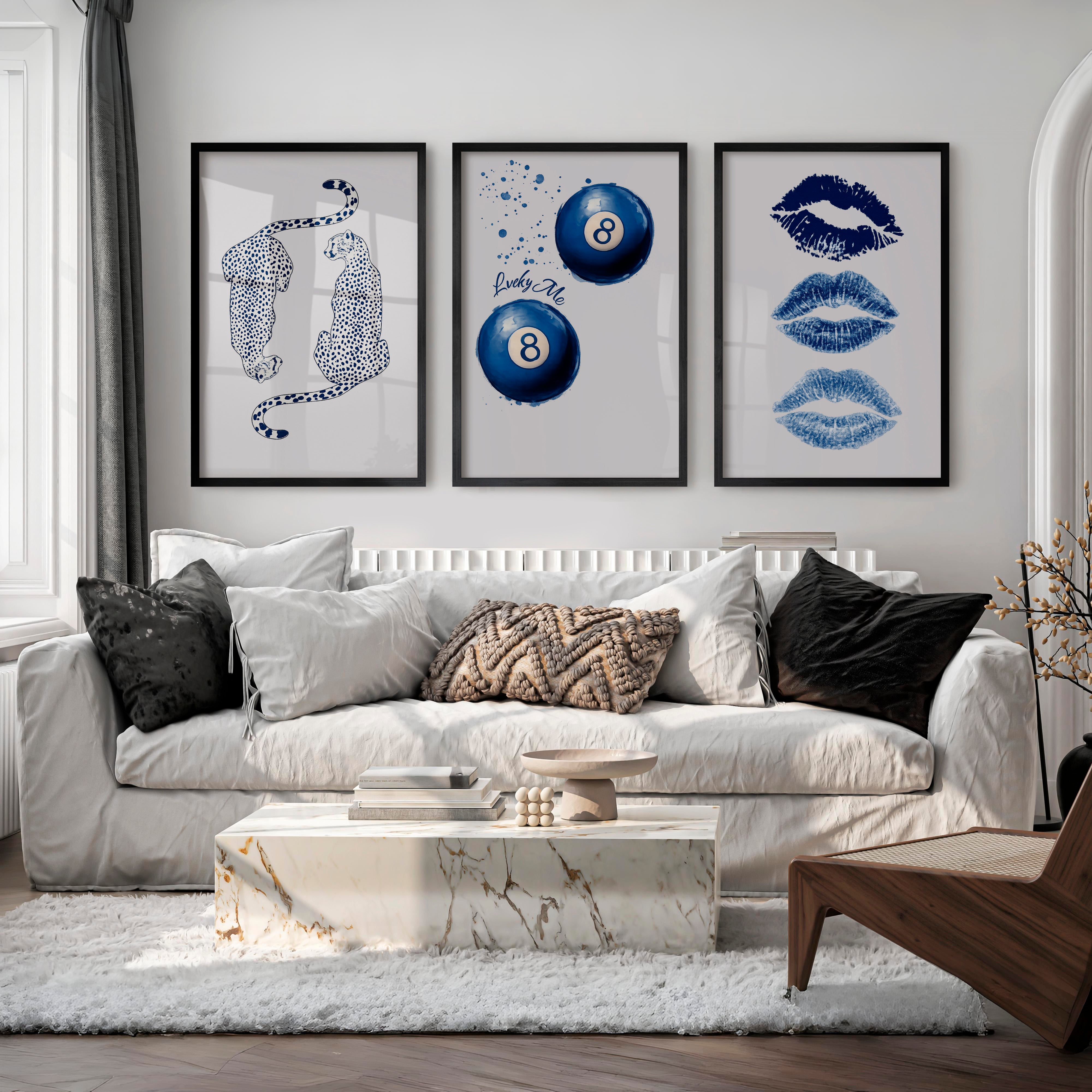 Blue Lucky Motifs Retro Vintage Wall Art - Black Framed Poster No Border - Artworksets