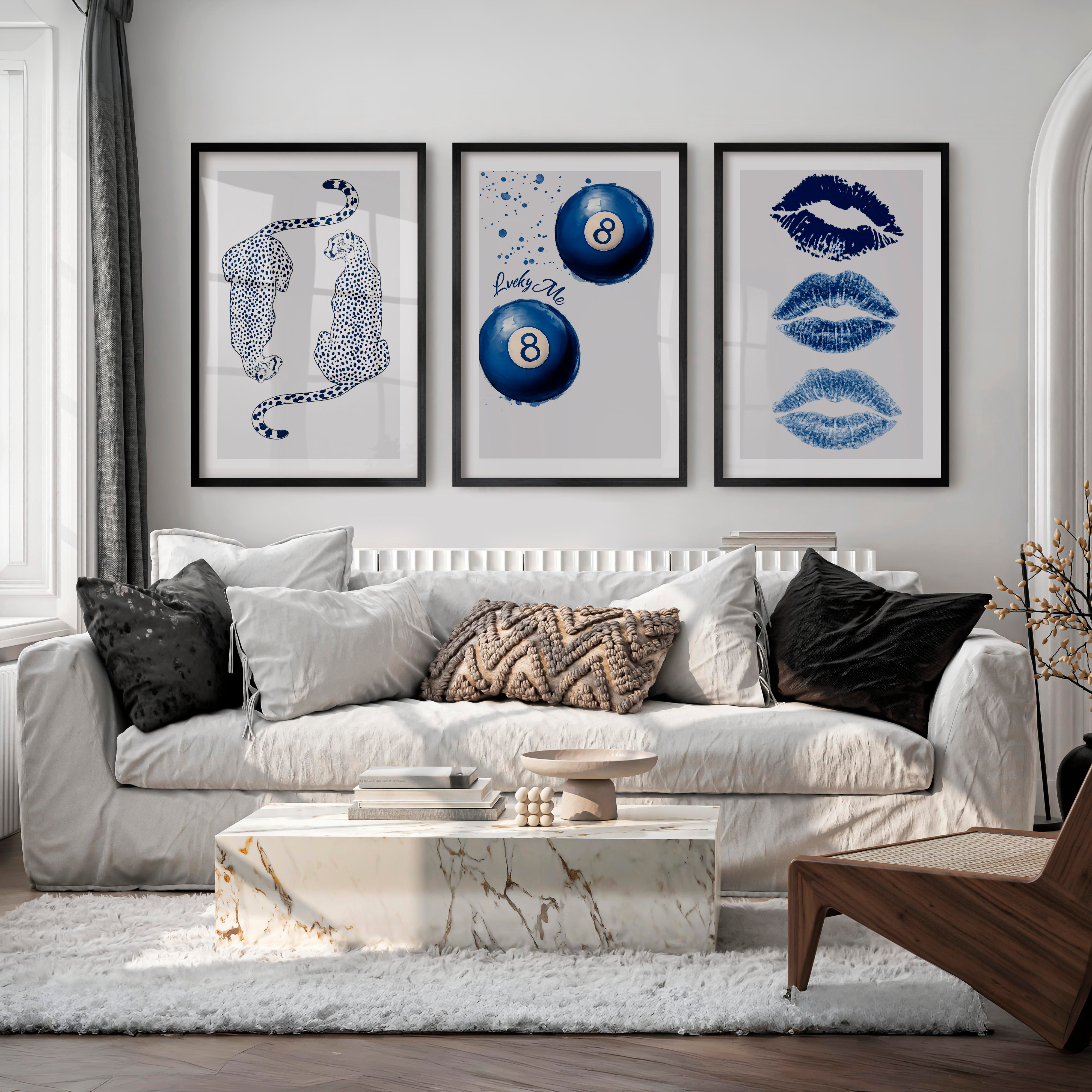 Blue Lucky Motifs Retro Vintage Wall Art - Black Framed Poster with White Border - Artworksets