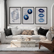 Blue Lucky Motifs Retro Vintage Wall Art - Black Framed Poster with White Border - Artworksets
