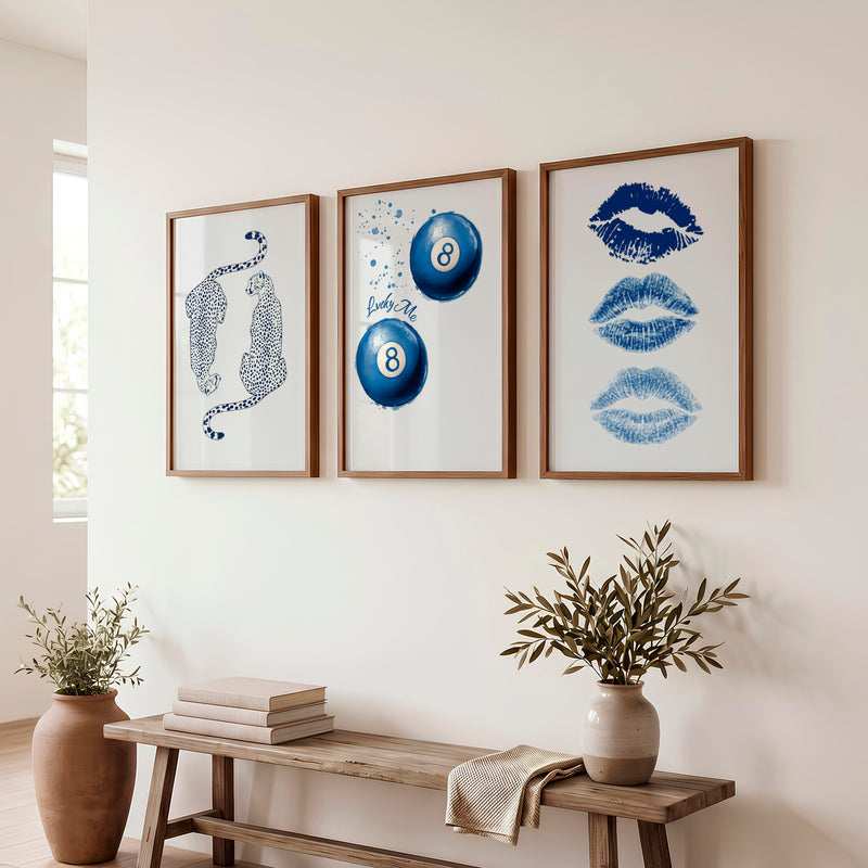 Blue Lucky Motifs Retro Vintage Wall Art - Dark Brown Framed Poster No Border - Artworksets
