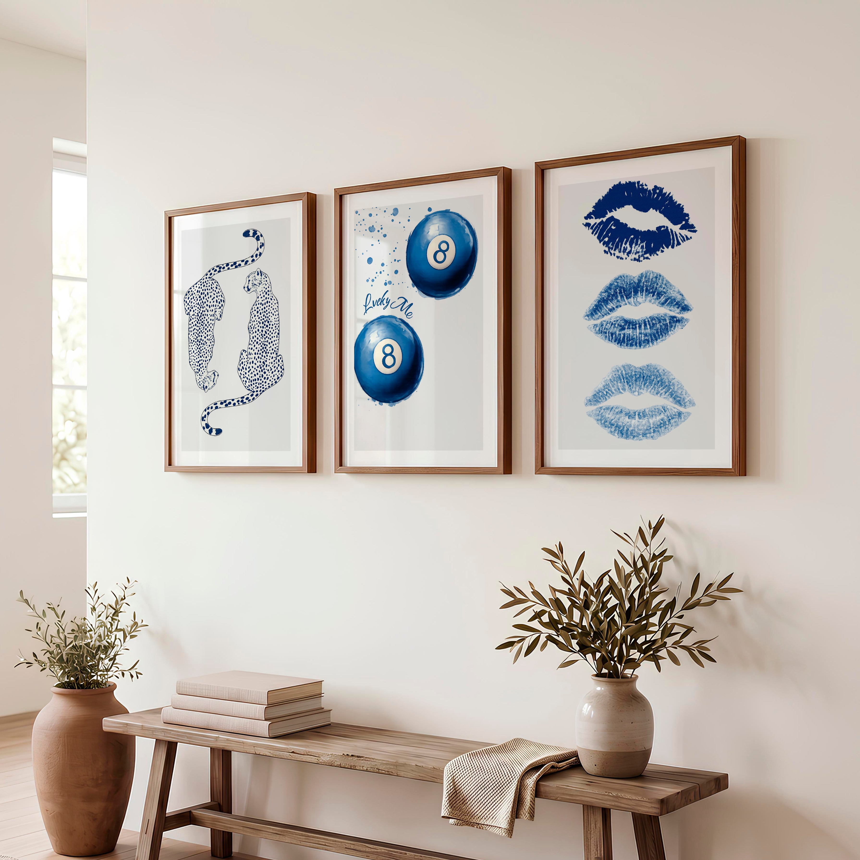 Blue Lucky Motifs Retro Vintage Wall Art - Dark Brown Framed Poster with White Border - Artworksets