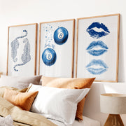Blue Lucky Motifs Retro Vintage Wall Art - Natural Wood Framed Poster No Border - Artworksets