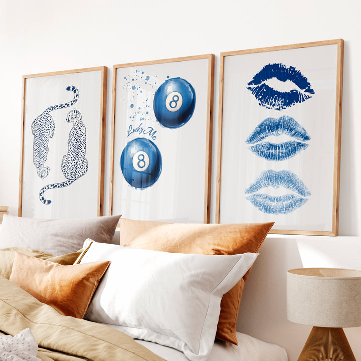Blue Lucky Motifs Retro Vintage Wall Art - Natural Wood Framed Poster No Border - Artworksets