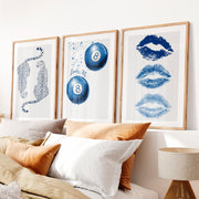 Blue Lucky Motifs Retro Vintage Wall Art- Natural Wood Framed Poster with White Border - Artworksets