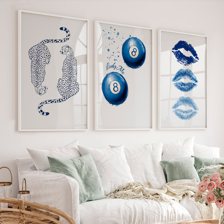 Blue Lucky Motifs Retro Vintage Wall Art - White Framed Poster No Border - Artworksets