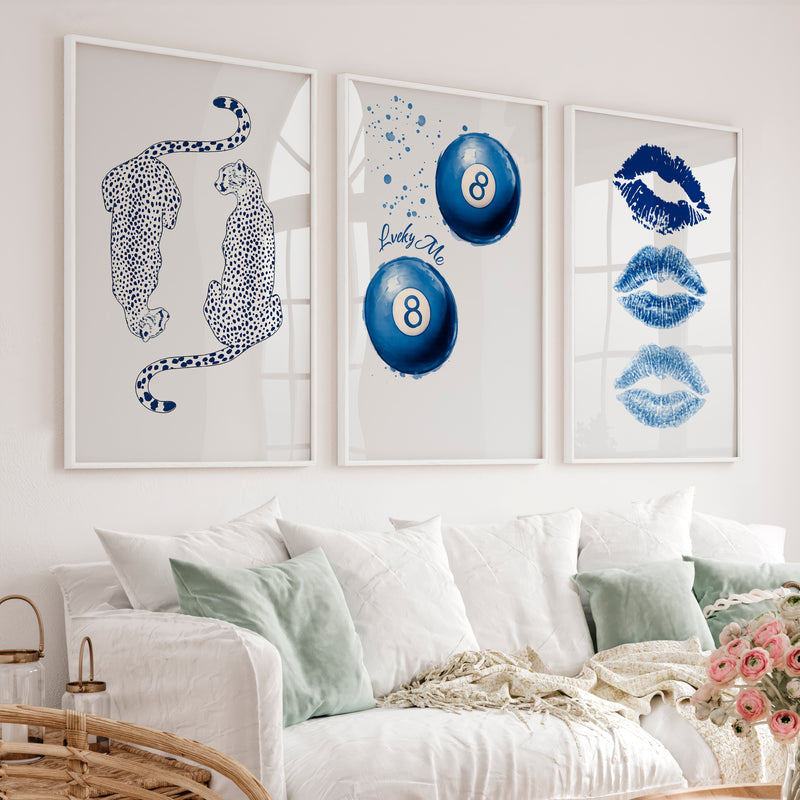 Blue Lucky Motifs Retro Vintage Wall Art - White Framed Poster No Border - Artworksets