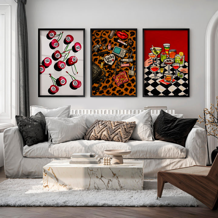 Retro Wall Art with 8 Ball Cherries and Cocktail Table - Black Framed Poster No Border - Artworksets